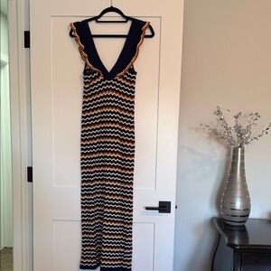 Sezane NWT Navy and Orange Chevron Maxi Dress